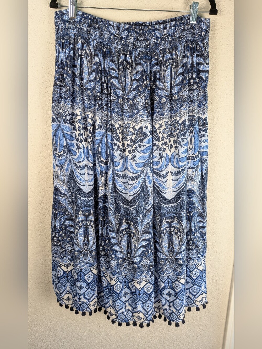 J. Jill Midi Peasant Skirt M Cotton Blend Smocked Waist Lined Blue Boho Tassels